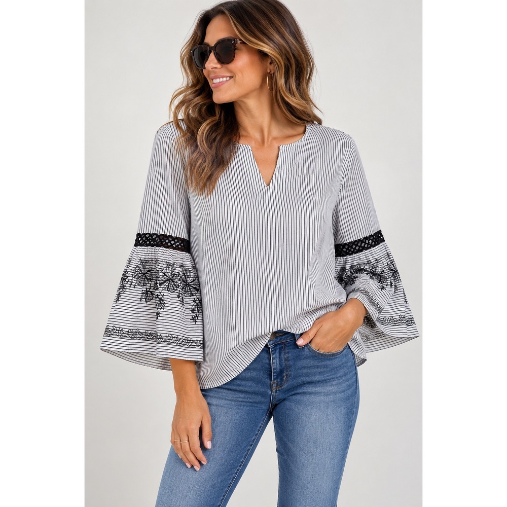 Liz Claiborne Career Pinstripe Embroidered Bell Sleeve V-Neck Blouse Black L